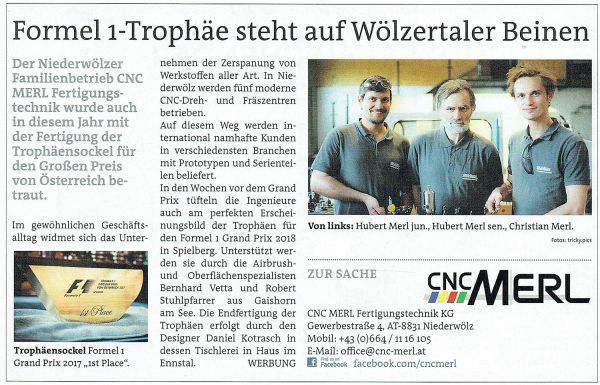 Fertigung Trophäensockel F1 AustrianGP 2018, Murtaler Zeitung, Juni 2018